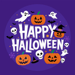 Spooky Halloween Typography with Festive Elements on Purple Background