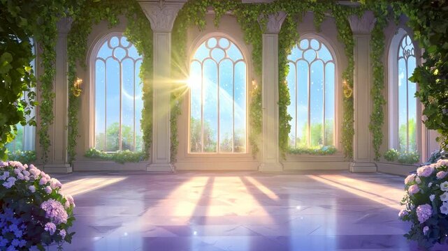 Elegant Medieval Castle Interior Featuring Grand Columns and Royal Balcony, Set in a Fairytale Fantasy