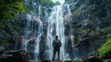 A lone tourist stands with a backpack, looking down at their phone in front of the Mirveti waterfall in Batumi, Georgia.