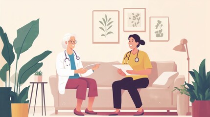 Happy young female nurse provide care medical service help support smiling old grandma at homecare medical visit, lady carer doctor give empathy encourage retired patient sit on sofa at home hospital