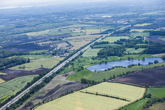 Aerial landscape of rural green landscape in Denmark.