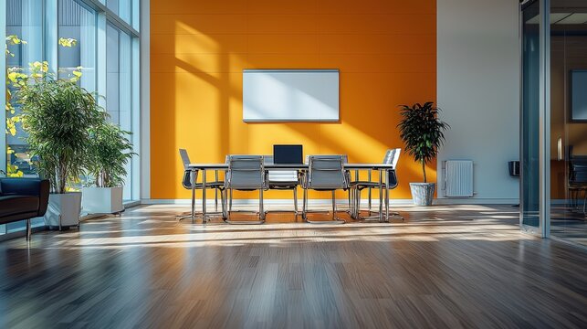 contemporary conference room featuring a laptop and dynamic brainstorming, cutting-edge design and collaborative atmosphere