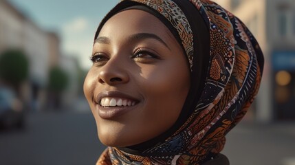 Happy black woman wearing hijab on the street with the sky