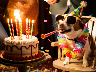 Dog in sunglasses and party hat celebrate birthday with cake on confetti background.