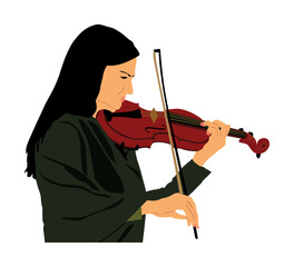 Woman playing violin vector illustration isolated white. Classic music lady performer concert. Musician artist amusement public. Girl violin virtuoso entertainment. Elegant handsome female violinist.