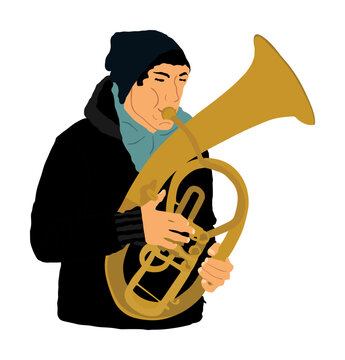 recommend clip art: Boy tenor horn player vector illustration. Music man play wind instrument. Music artist. Jazz man saxhorn. Bugler street performer. Musician trumpet. Male public entertainment. Classic music event.