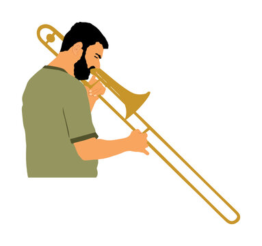 recommend clip art: Trombone player vector illustration isolated. Music man play wind instrument. Artist jazz man. Bugler street performer. Boy musician play trumpet. Public entertainment. Classic music event.