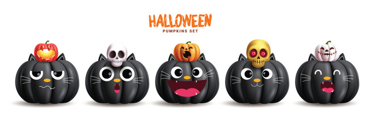 Halloween black pumpkins vector set design. Pumpkins black cat characters cute collection with creepy, spooky and scary elements. Vector illustration horror cat characters set. 
