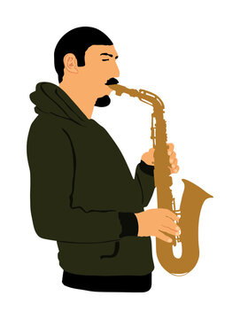 recommend clip art: Saxophone player vector illustration isolated. Music man play wind instrument. Music artist. Jazz man. Bugler street performer. Musician play trumpet. Entertainment for public. Classic music event.