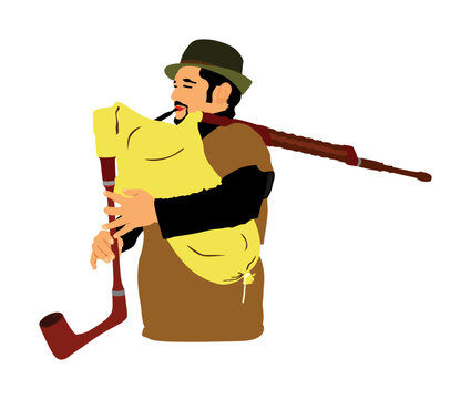 recommend clip art: Bagpiper musician play bagpipe vector illustration isolated white. Street perform. Music performer play traditional instrument. Bagpipe, pipes. Amusement entertainment public event. Folklore male hat