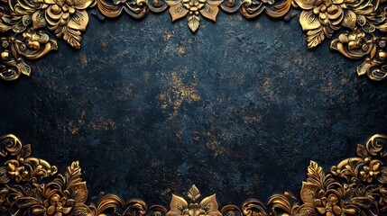 Ornate Thai Gold Corner Frame with Floral Designs on Black Background for Elegant Sign Boards