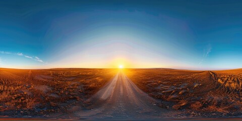 360 HDRI Panorama of Sunset Over Gravel Road in Equirectangular Spherical Projection for Sky Replacement in Drone Panoramas and Game Development