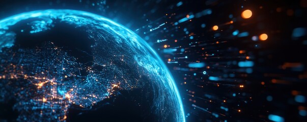 Obraz premium A holographic projection of Earth with orbiting satellites, surrounded by glowing data streams.