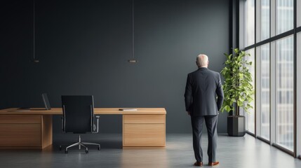 Fototapeta premium Businessman in a suit stands in a modern office with large windows and wooden furniture, overlooking the cityscape on a cloudy day.