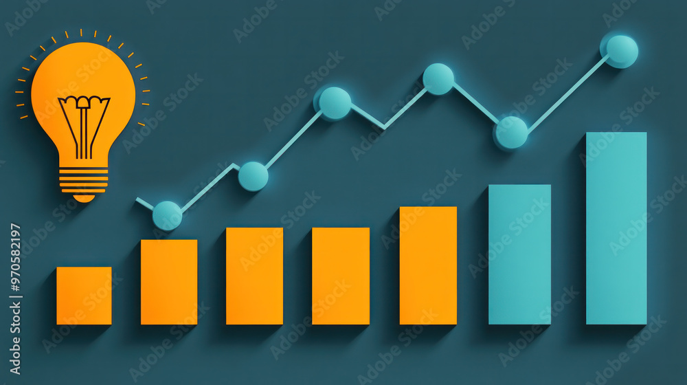 Poster a light bulb is lit up next to a graph that shows a series of numbers. the graph is orange and blue,