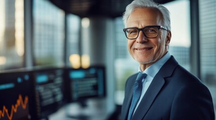 Fototapeta premium Senior businessman smiling confidently in modern office with financial data on screen in the background, signifying successful leadership.