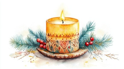 Watercolor Christmas Candle with Pine and Berries