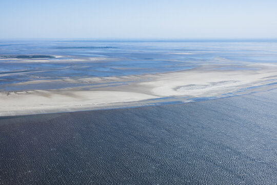 Aerial view of the tidal flats in the North Sea off the coast of north Friesland. Germany