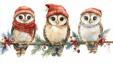 Watercolor Owls Wearing Winter Hats on Branch