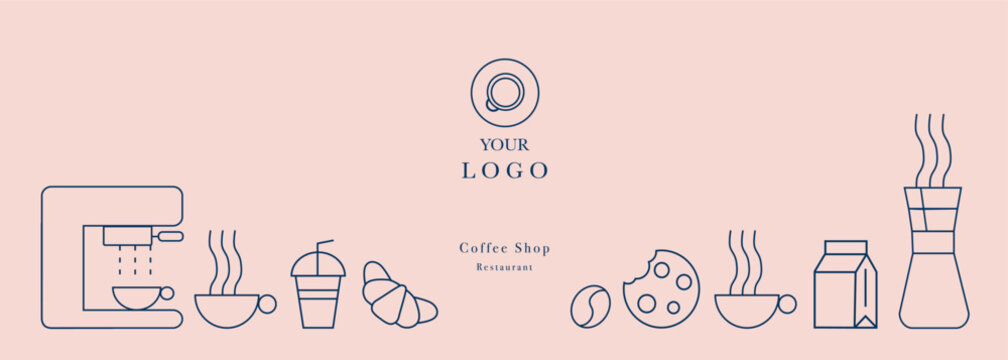 Hand drawn illustration of Bakery and Coffee. Icons. Abstract geometric line background. Gold luxury. Pattern for cover design, food package, menu, background, café wall, coffee shop, web banner