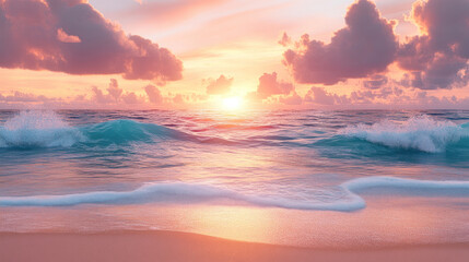 Fototapeta premium A beautiful sunset over the ocean with a wave in the water. The sky is pink and orange, and the water is calm. The scene is peaceful and serene, and it evokes a sense of relaxation and tranquility