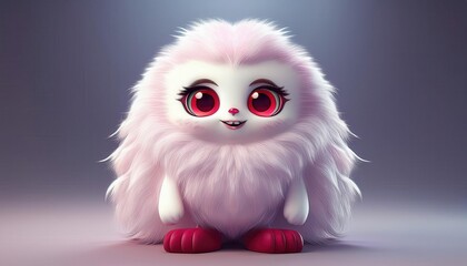 Obraz premium Adorable Fluffy White Creature Furry with Big Red Eyes, Pink Cheeks, and Playful Expression Standing Against a Gray Background. Cute Fantasy Character with Soft Fur and Colorful Details in 3D Style
