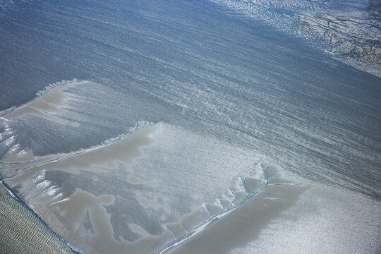 Aerial view of the tidal flats in the North Sea off the coast of north Friesland. Germany