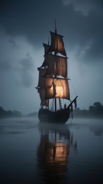 In the heart of the Padma River, the phantom ship drifts silently, its sails torn and tattered as if it had been through a storm centuries ago.
