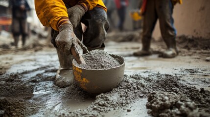 Naklejka premium Construction Worker Mixing Cement in Bucket with Wooden Paddle