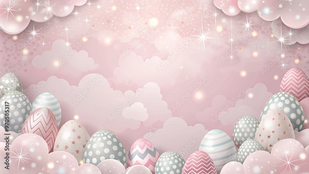 Wall mural soft cloud patterns in pink and grey with hidden easter egg shapes and sparkles background