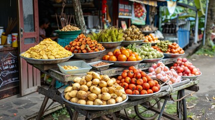 Obraz premium Traditional push carts for selling various types of fruit are seen at traditional people's markets.