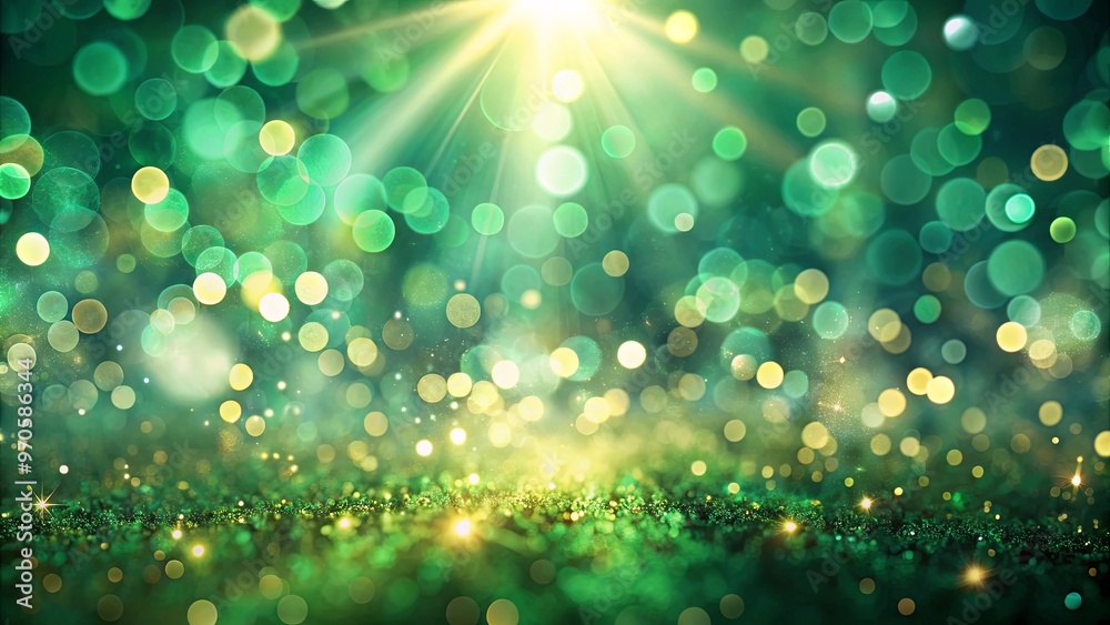 Poster dreamy wallpaper featuring deep green bokeh lights and soft light rays creating a mesmerizing ambian