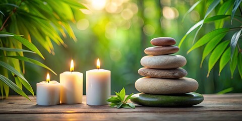Obraz premium Serene zen setup with candles and stacked rocks in a tranquil setting, perfect for relaxation and meditation