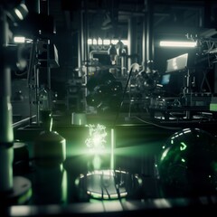 Astatine Element Glowing Faintly in a Dark Lab, Surrounded by High-Tech Scientific Equipment, Emitting a Mysterious Radioactive Light, Ultra-Detailed 8K