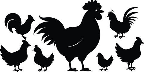 Fototapeta premium silhouettes of rooster and hens in various poses vector illustration silhouette, Print