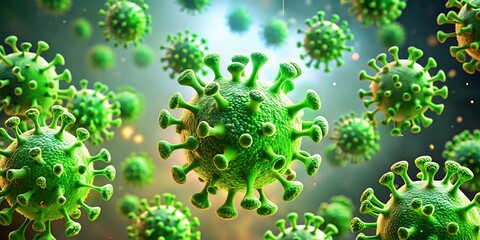 a bunch of green viral covid cells flying in a human body