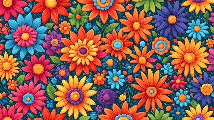 Colorful seamless pattern of cartoon flowers on a dark background.