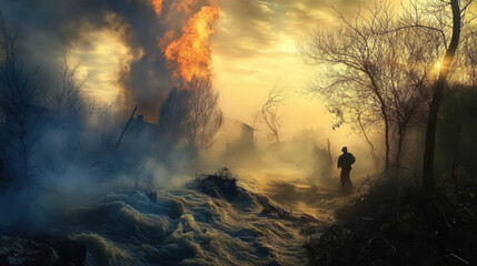 Obraz premium A dramatic scene depicting natural disaster with flames and smoke rising amidst foggy landscape. lone figure stands in foreground, highlighting intensity of situation
