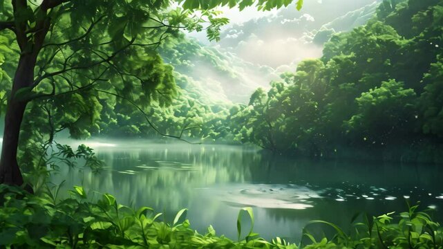 A peaceful lake surrounded by verdant trees and mist in the morning, A serene landscape with a shimmering lake surrounded by lush greenery