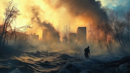 A lone figure navigates through turbulent waters amidst backdrop of smoke and destruction, evoking sense of resilience in face of natural disaster