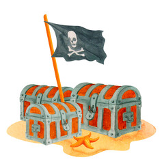 Closed treasure chests under pirate black flag on sandy coast. Isolated watercolor composition of old chests on the sand for decoration of children parties, souvenirs or print design in pirate style