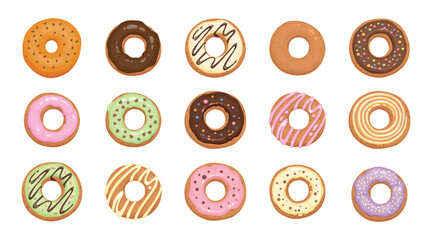 Donuts collection. Sweet doughnut pastry with sprinkles, glaze and frosting, colorful sweet pastry dessert for bakery cafe menu. Vector set of doughnut food and pastry, sweet dessert illustration
