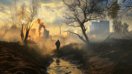 A lone figure walks through smoky landscape, surrounded by trees and buildings, evoking sense of desolation and resilience. dramatic sky adds to emotional intensity of scene