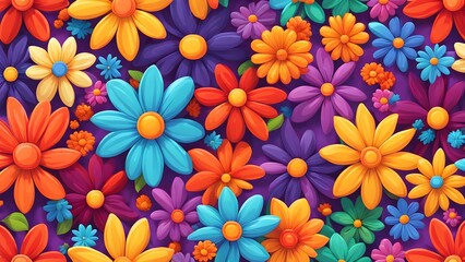 Fototapeta premium A seamless pattern of colorful cartoon flowers on a purple background.