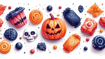A Halloween candy pattern with a mix of sweets and spooky elements, like eyeballs and skulls, white background