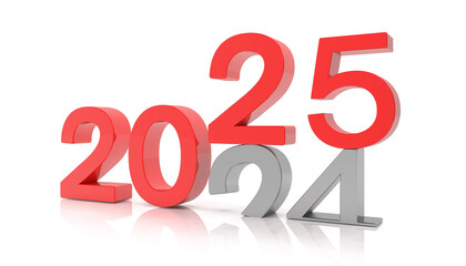 3d render of the numbers 2025 and 24 in red and silver color over white reflecting background. The number 25 falls on the number 24 and breaks in it in the ground. - Vacation concept.
