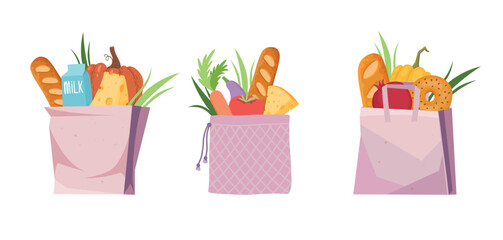 Reusable grocery bags. Cartoon eco shopping bags, zero waste bags with vegetables and fruits flat vector illustration set. No waste textile shopping bags on white background