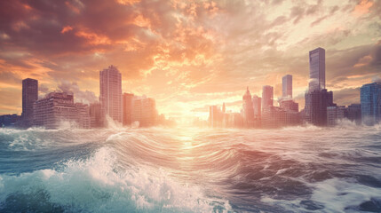Obraz premium image depicts dramatic cityscape with towering skyscrapers against vibrant sunset, while turbulent ocean waves crash towards shore, highlighting impact of climate change