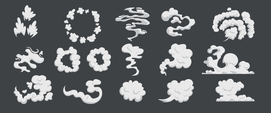 Cartoon comic book dust clouds, smoke puff stream cloud elements. Steaming dust, cloud puffs silhouettes vector symbols illustrations set. Smoke explosion clouds
