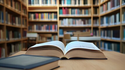 Fototapeta premium Open Book on a Table in a Library